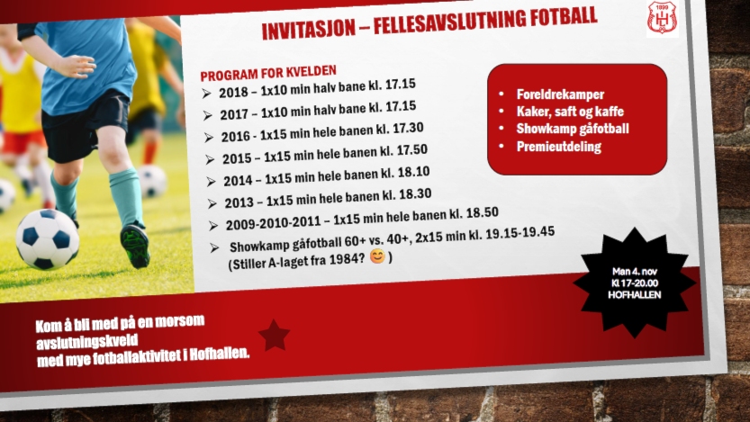 felles fotballavslutning 4 nov kl 1700-2000